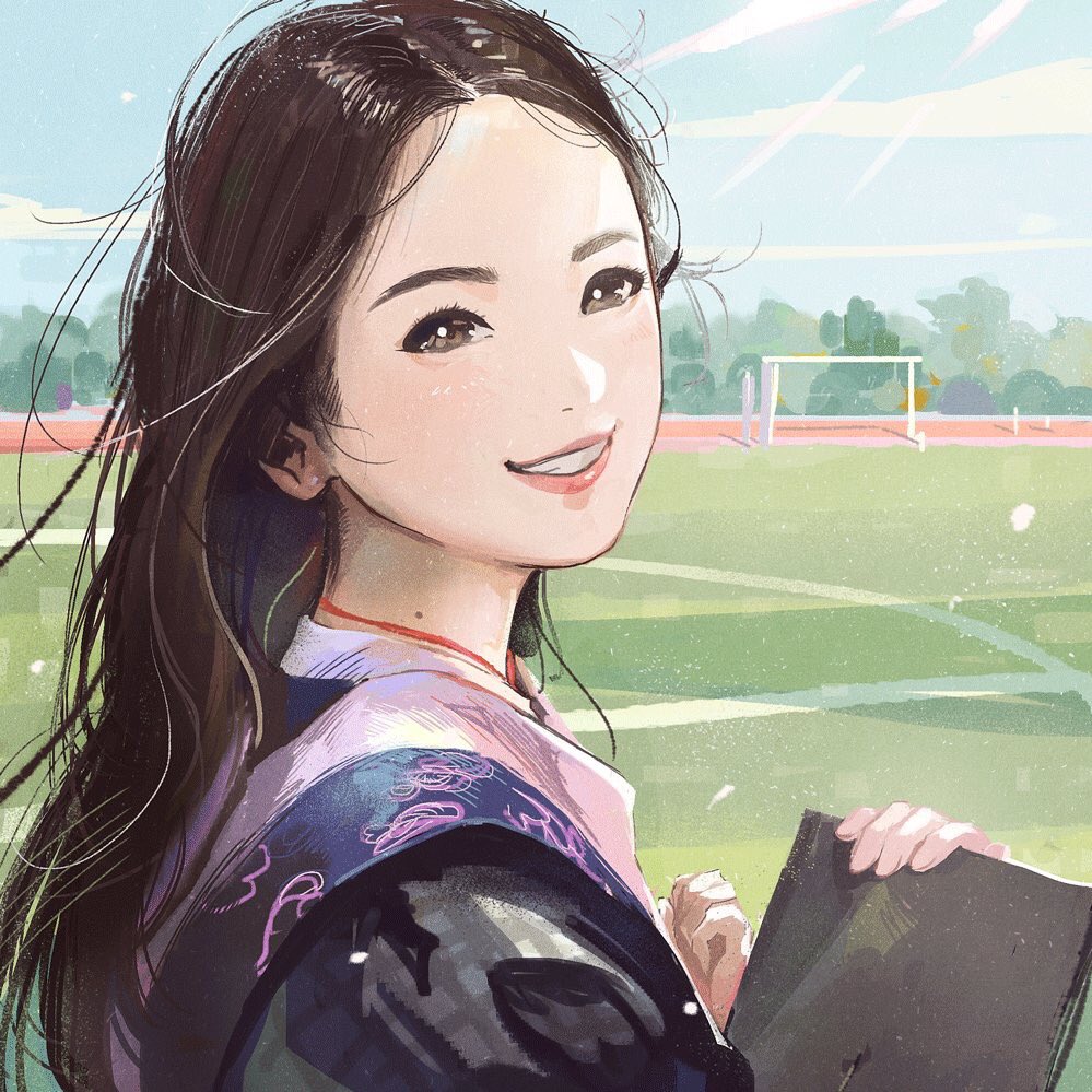 1girl bayashiko blue_sky blush brown_eyes brown_hair clipboard clouds commentary_request day forehead from_side holding light_rays long_hair looking_at_viewer looking_to_the_side mole mole_on_neck original outdoors pink_lips sky smile soccer_field solo wind