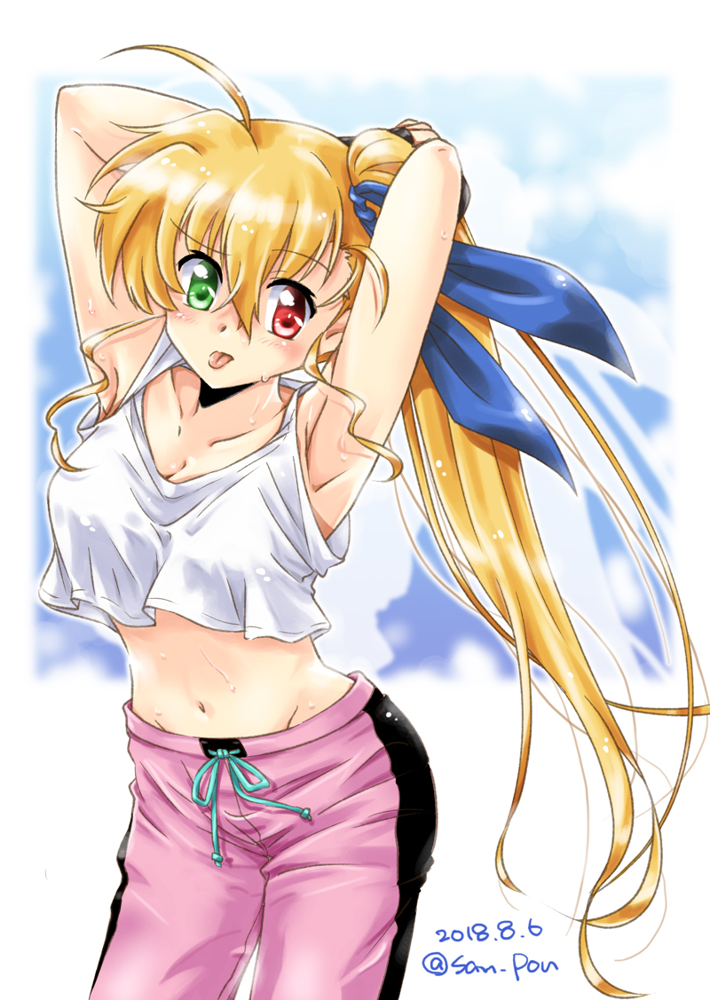 1girl :p ahoge armpits arms_behind_head blonde_hair blue_ribbon breasts cleavage commentary crop_top dated eyebrows_visible_through_hair green_eyes hair_ribbon heterochromia long_hair looking_at_viewer lyrical_nanoha mahou_shoujo_lyrical_nanoha_vivid medium_breasts navel older pants pink_pants red_eyes ribbon san-pon side_ponytail solo standing sweat tank_top tongue tongue_out twitter_username vivio