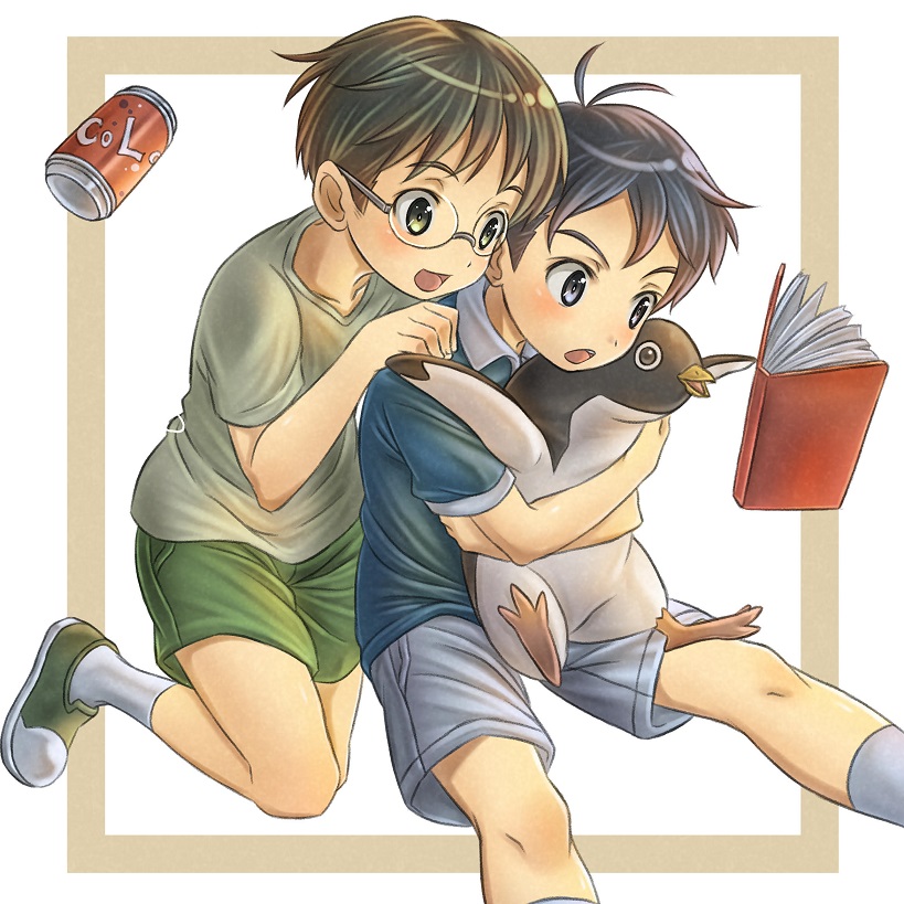 2boys :d animal aoyama-kun_(penguin_highway) bird black_hair blue_shirt book brown_eyes brown_hair can character_request child cola green_shorts grey_shorts hand_on_another's_shoulder holding holding_animal hug kneeling male_focus multiple_boys open_mouth penguin penguin_highway rua_(pixiv292244) shirt shoes shorts simple_background sitting smile sneakers soda_can