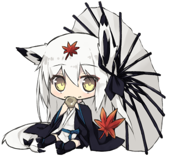 1girl animal_ears bangs blush chibi eyebrows_visible_through_hair fox_ears fox_tail full_body hair_between_eyes japanese_clothes leaf leaf_on_head looking_at_viewer lowres nagishiro_mito oriental_umbrella original simple_background solo tail umbrella white_hair yellow_eyes