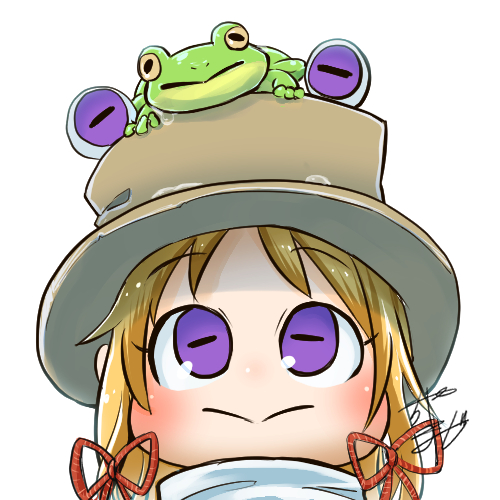 1girl :&gt; animal_on_head avatar_icon blonde_hair blush chamaji close-up commentary_request eyebrows_visible_through_hair face frog frog_eyes hair_ribbon hat looking_at_viewer lowres moriya_suwako on_head ribbon signature simple_background solo touhou tress_ribbon violet_eyes white_background