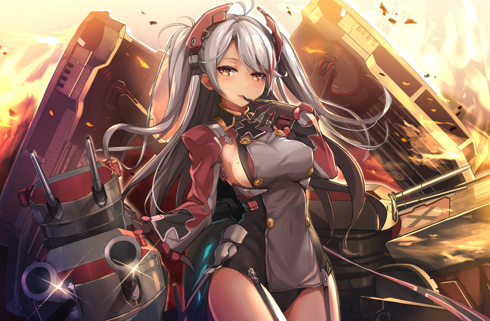 1girl antenna_hair azur_lane bangs blush breasts brown_eyes cannon commentary_request evening eyebrows_visible_through_hair finger_to_mouth floating_hair garter_straps hair_between_eyes headgear iron_cross large_breasts long_hair looking_at_viewer machinery mole mole_on_breast multicolored_hair outdoors parted_lips prinz_eugen_(azur_lane) redhead rigging side_cutout sideboob sidelocks silver_hair smile solo sparkle streaked_hair thighs turret two_side_up very_long_hair wide_sleeves wind yuuki_yuu