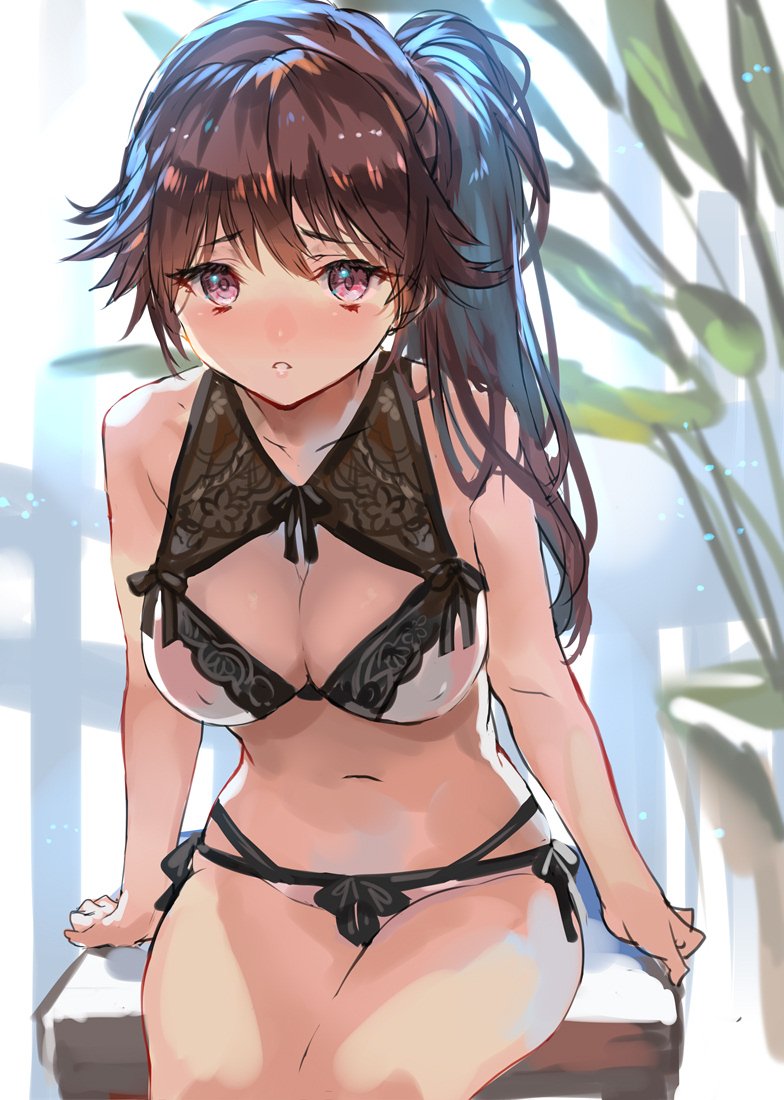 1girl bare_arms bare_shoulders blurry blurry_background blush bra breasts brown_hair commentary_request depth_of_field large_breasts legs_together long_hair looking_at_viewer navel nose_blush original panties parted_lips plant ponytail potted_plant ran'ou_(tamago_no_kimi) sitting sketch solo underwear violet_eyes white_bra white_panties