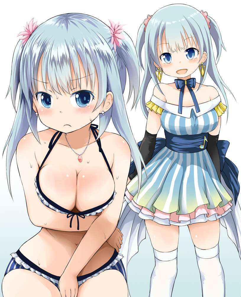 &gt;:( 1girl :d arm_under_breasts arm_warmers bangs bare_arms bare_shoulders bikini blue_background blue_bikini blue_dress blue_eyes blue_hair blush breast_hold breasts cleavage closed_mouth collarbone commentary_request covering covering_crotch dress earrings eyebrows_visible_through_hair flower frilled_bikini frills fujisaka_lyric gradient gradient_background hair_flower hair_ornament head_tilt jewelry long_hair looking_at_viewer magia_record:_mahou_shoujo_madoka_magica_gaiden mahou_shoujo_madoka_magica medium_breasts minami_rena multiple_views open_mouth pendant pink_flower pleated_dress smile striped swimsuit thigh-highs two_side_up v-shaped_eyebrows vertical-striped_bikini vertical-striped_dress vertical_stripes white_background white_legwear