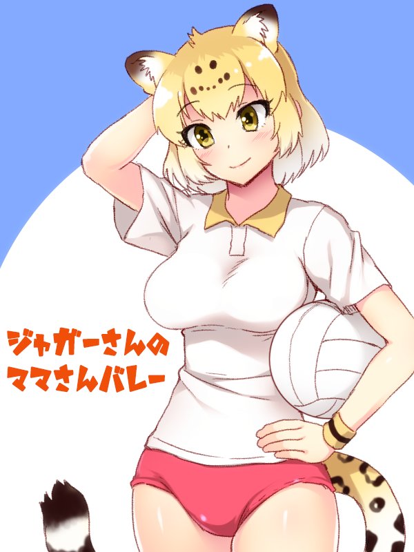 1girl alternate_costume animal_ear_fluff animal_ears blonde_hair blush buruma collared_shirt commentary_request cowboy_shot eyebrows_visible_through_hair hand_behind_head hand_on_hip jaguar_(kemono_friends) jaguar_ears jaguar_print jaguar_tail kemono_friends multicolored_hair shirt short_hair short_sleeves solo sportswear t-shirt tail totokichi translated volleyball yellow_eyes