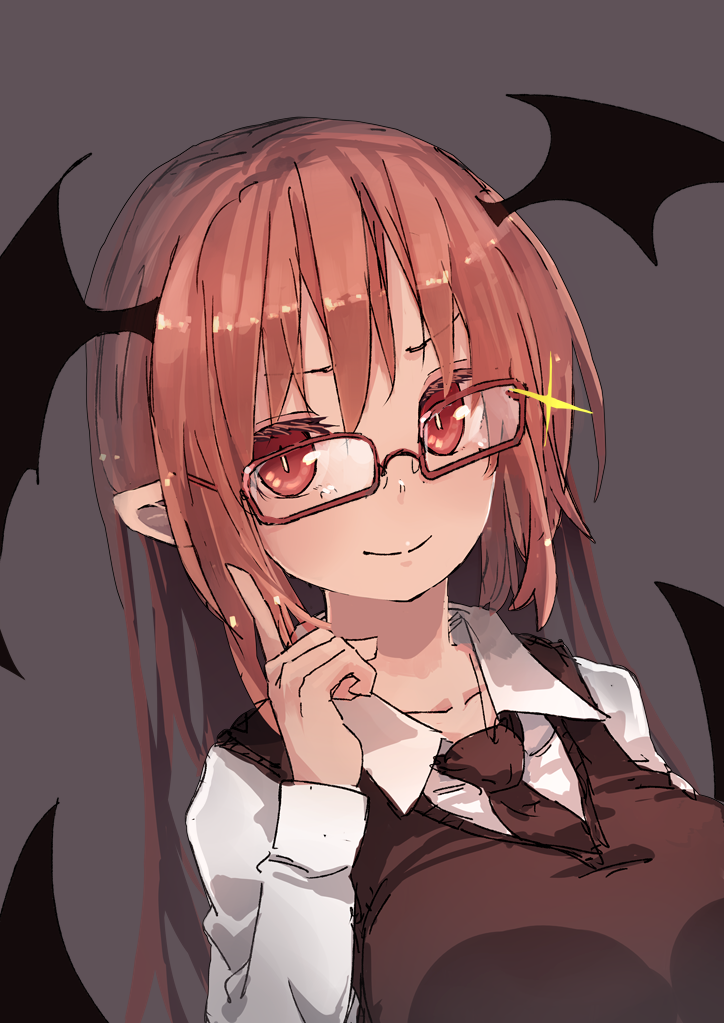 &gt;:) bat_wings bespectacled black_neckwear blush breasts collarbone collared_shirt colored_eyelashes commentary_request dress_shirt eyebrows_visible_through_hair eyelashes futatsuki_eru glasses grey_background hair_between_eyes head_wings index_finger_raised koakuma large_breasts long_hair long_sleeves looking_at_viewer low_wings necktie pointy_ears red-framed_eyewear red_eyes redhead shirt simple_background smile sparkle touhou vest white_pupils white_shirt wings