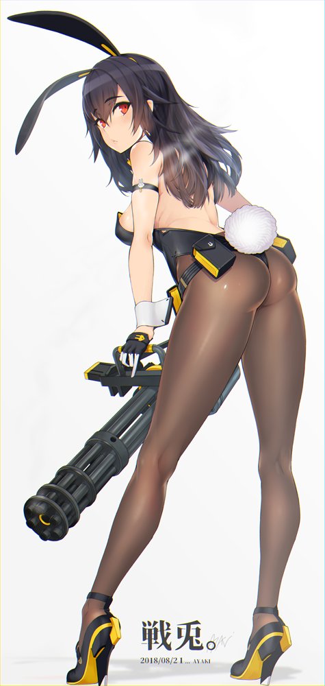 animal_ears armlet artist_name ass ayaki bangs bare_shoulders belt_pouch breasts brown_hair bunny_tail bunnysuit closed_mouth commentary_request eyebrows_visible_through_hair fake_animal_ears from_behind full_body gatling_gun gloves holding holding_weapon leotard long_hair looking_at_viewer looking_back original pantyhose pouch rabbit_ears red_eyes shadow shiny shiny_clothes shiny_skin sideboob simple_background standing strapless strapless_leotard tail thighs weapon wrist_cuffs