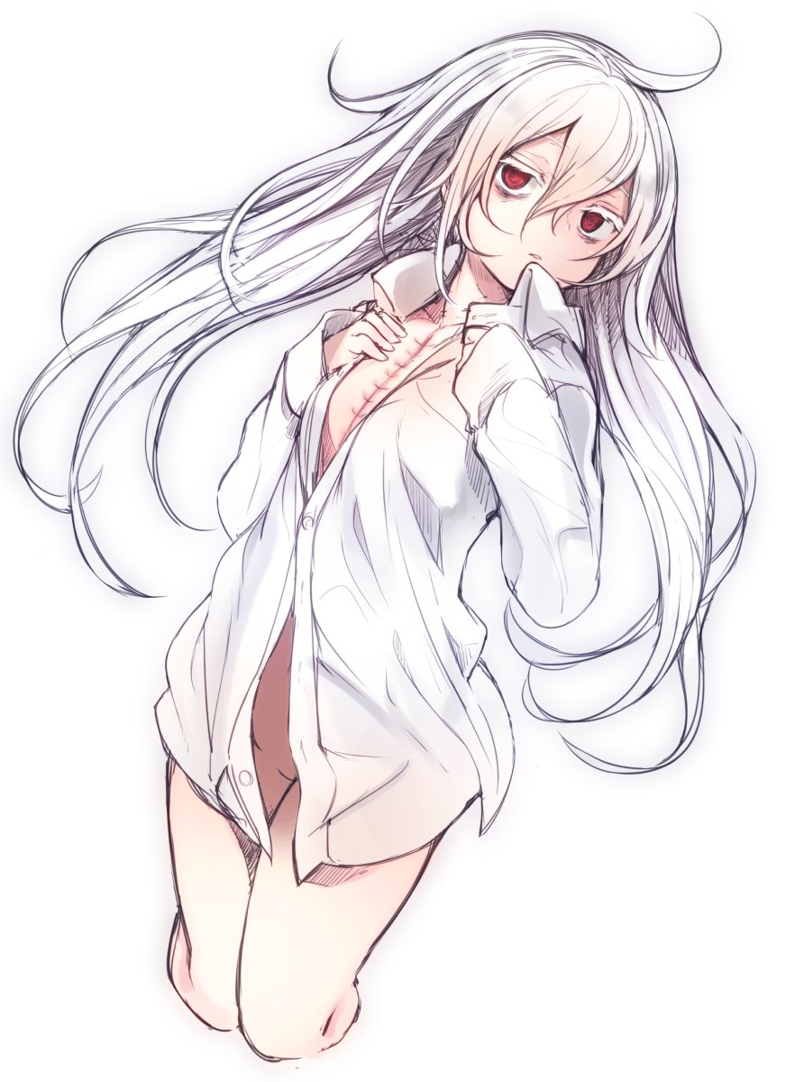 1girl bags_under_eyes collared_shirt commentary_request cropped_legs hair_between_eyes highres long_hair long_sleeves looking_at_viewer naked_shirt open_clothes open_shirt original parted_lips red_eyes scar shirt simple_background solo surgical_scar tsunekichi white_background white_hair white_shirt wing_collar