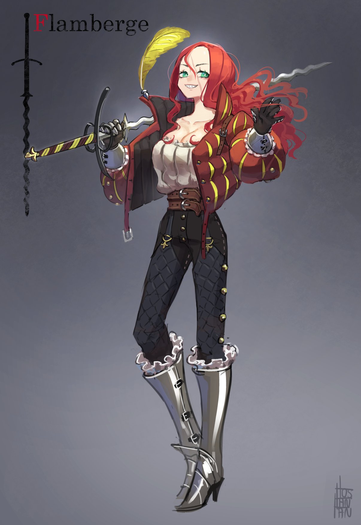 1girl bangs belt black_pants blouse boots breasts bright_pupils brown_gloves brown_jacket cleavage commentary english_commentary feathers flamberge floating_hair forehead full_body gloves green_eyes grey_background hair_between_eyes hands_up high_heel_boots high_heels highres holding holding_sword holding_weapon jacket knee_boots large_breasts leather leather_gloves leather_jacket long_hair long_sleeves long_sword looking_at_viewer metal_boots open_clothes open_jacket original over_shoulder pants redhead sharp_teeth signature smile solo sword teeth tostantan weapon weapon_over_shoulder white_blouse