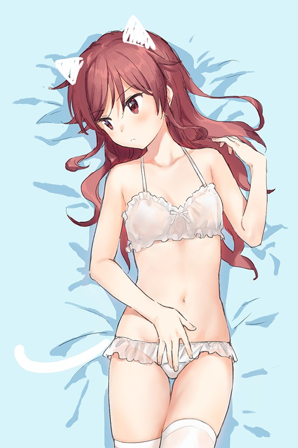 1girl animal_ears blush bra cat_ears cat_tail chigusa_asuha collarbone commentary drawn_ears drawn_tail frilled_bra frilled_panties frills hand_on_own_stomach light_frown long_hair panties qualidea_code red_eyes redhead sekiya_asami solo tail thigh-highs underwear underwear_only white_bra white_legwear white_panties