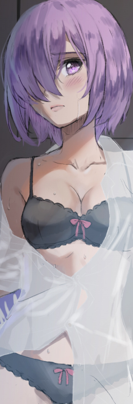 1girl black_bra black_panties blush bow bow_bra bow_panties bra closed_mouth commentary embarrassed english_commentary fate/grand_order fate_(series) hair_over_one_eye highres looking_at_viewer mash_kyrielight off_shoulder one_eye_covered panties purple_hair shirt solo standing tonee transparent_shirt underwear upper_body violet_eyes white_shirt