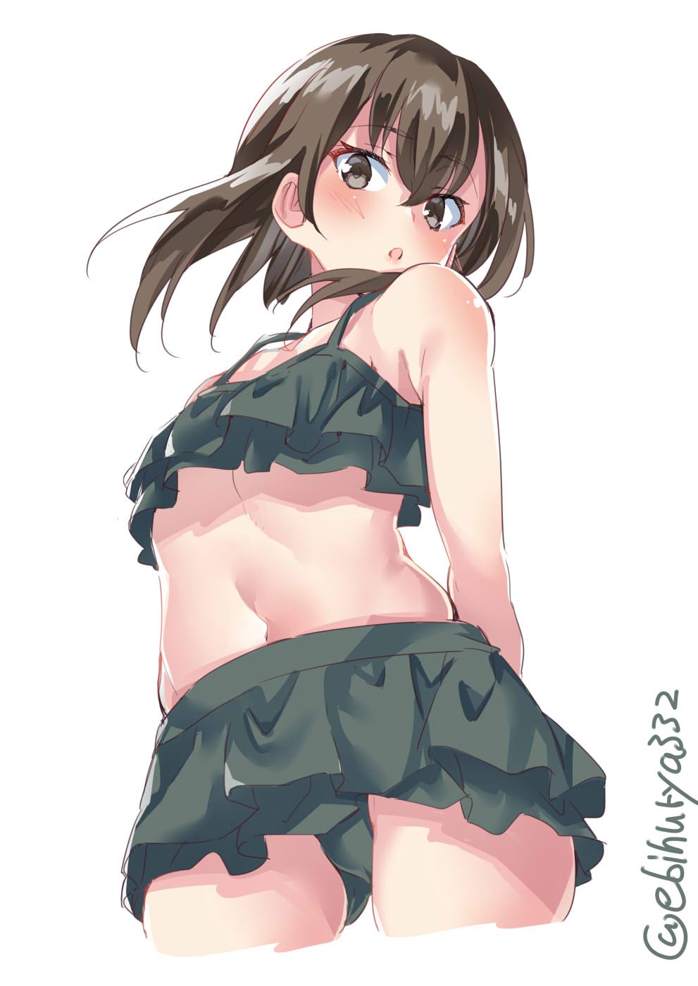 1girl bikini blush breasts brown_eyes ebifurya eyebrows_visible_through_hair green_bikini hair_between_eyes highres kantai_collection looking_at_viewer looking_down open_mouth short_hair_with_long_locks simple_background small_breasts solo swimsuit taihou_(kantai_collection) twitter_username white_background