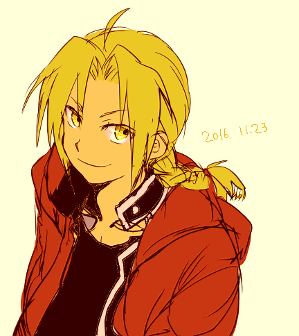 1boy 2016 antenna_hair black_shirt blonde_hair braid coat dated edward_elric eyebrows_visible_through_hair fullmetal_alchemist looking_at_viewer looking_up lowres male_focus red_coat shirt simple_background smile tsukuda0310 upper_body yellow_eyes
