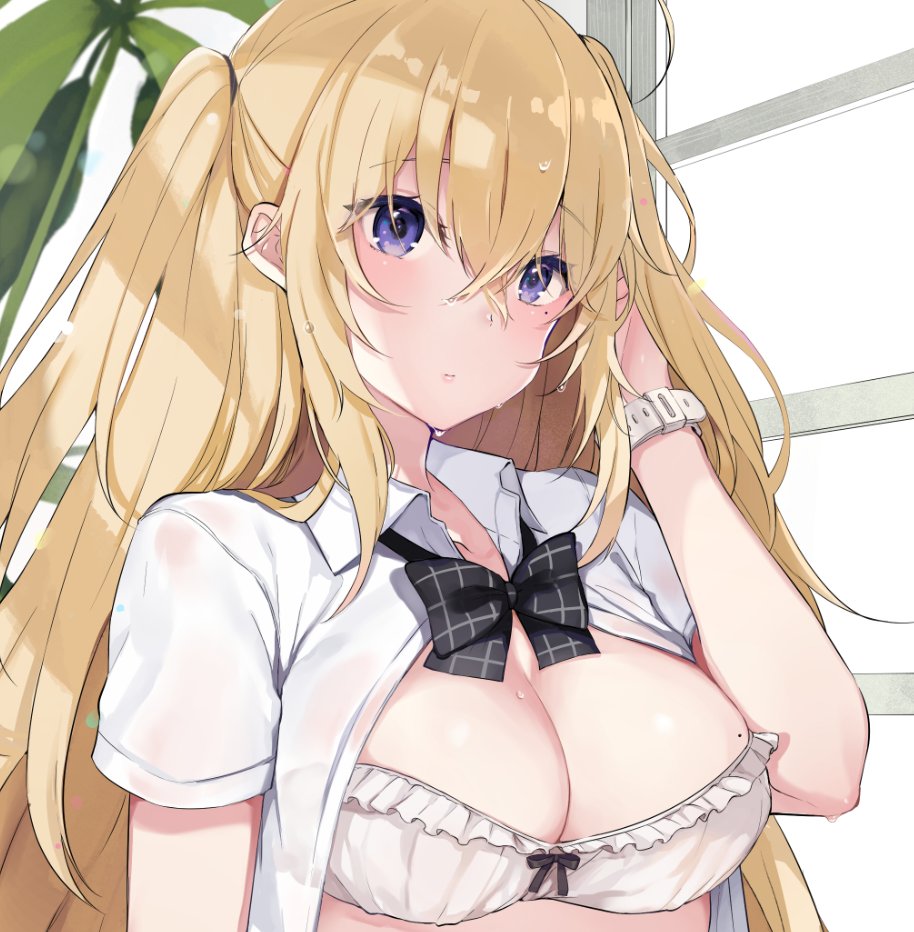1girl ahoge black_neckwear blonde_hair blurry blurry_background blush bow bow_bra bowtie bra breasts cleavage closed_mouth collared_shirt commentary_request copyright_request depth_of_field eyebrows_visible_through_hair hair_between_eyes hand_up large_breasts long_hair looking_at_viewer oniku_(oishii_oniku) plant potted_plant shirt short solo sweat two_side_up underwear violet_eyes watch watch white_bra white_shirt window wing_collar