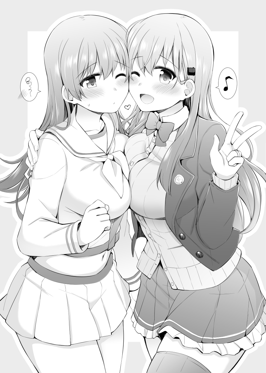 2girls ;d ascot blazer blush breast_press breasts cheek-to-cheek greyscale hair_ornament hairclip hand_on_another's_shoulder heart highres hug jacket jewelry kantai_collection large_breasts long_hair looking_at_viewer midriff monochrome multiple_girls musical_note navel one_eye_closed ooi_(kantai_collection) open_mouth pleated_skirt remodel_(kantai_collection) ribbon ring rui_shi_(rayze_ray) school_uniform serafuku skirt smile speech_bubble spoken_musical_note stomach suzuya_(kantai_collection) symmetrical_docking thigh-highs vest w zettai_ryouiki