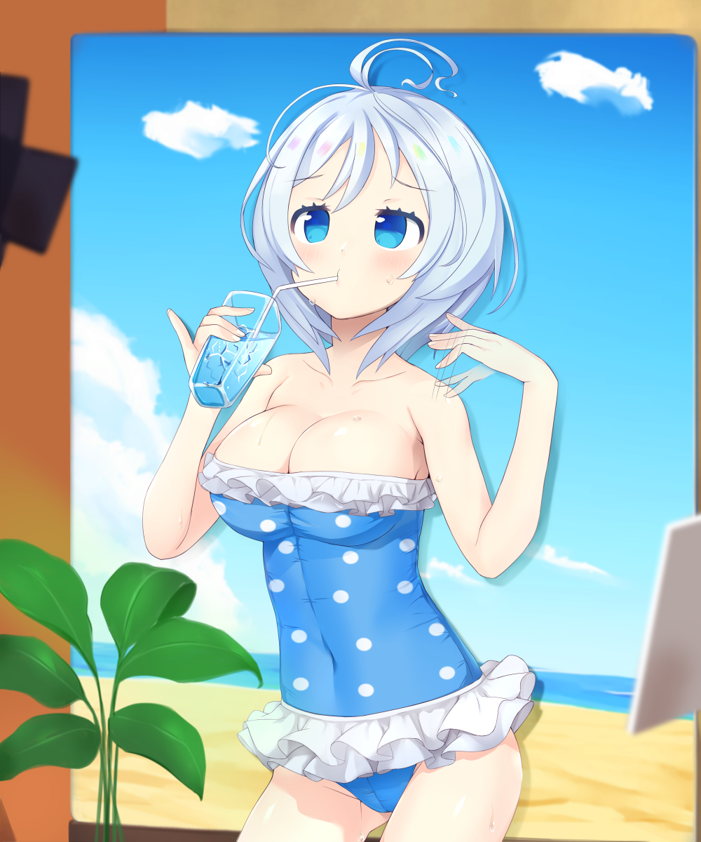 1girl akiiro antenna_hair bare_shoulders blue_eyes blush breasts cleavage closed_mouth collarbone cup dennou_shoujo_youtuber_shiro drinking_glass drinking_straw highres holding holding_cup large_breasts looking_away shiro_(dennou_shoujo_youtuber_shiro) short_hair solo standing swimsuit white_hair