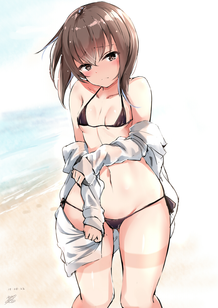 1girl alternate_costume beach bikini black_bikini blurry blush breasts brown_eyes brown_hair closed_mouth commentary_request contemporary depth_of_field embarrassed eyebrows_visible_through_hair hair_between_eyes highres kantai_collection looking_at_viewer looking_down micro_bikini ocean shirt short_hair_with_long_locks signature small_breasts solo swimsuit taihou_(kantai_collection) thick_thighs thighs twitter_username white_shirt wide_hips yukishiro_arute