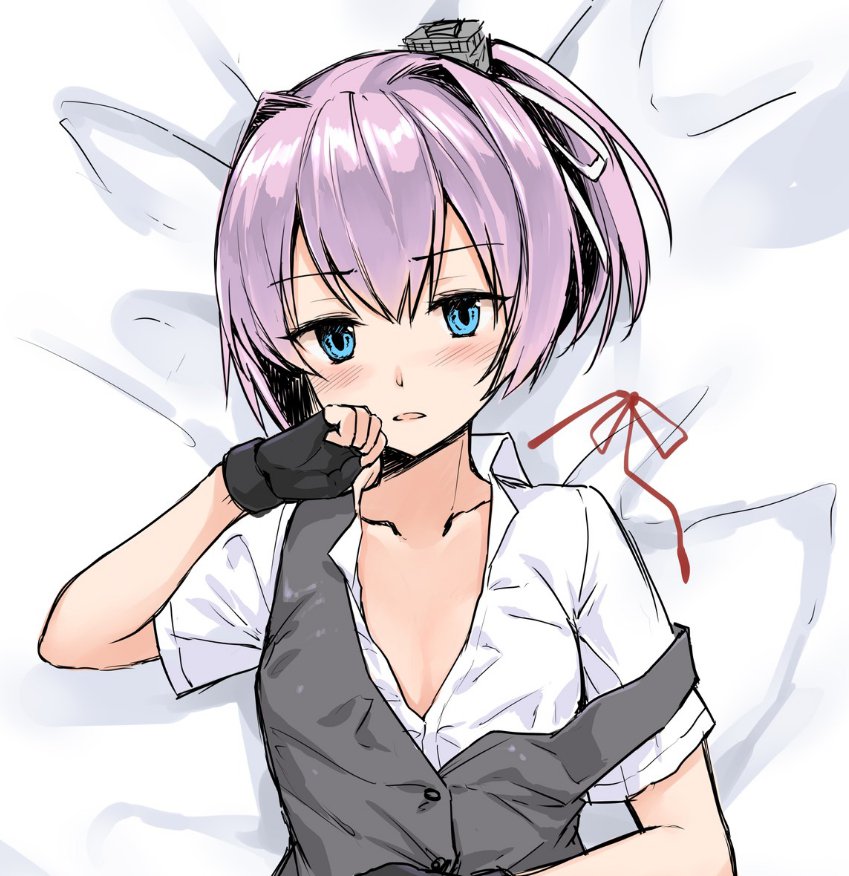 1girl bangs bed_sheet black_vest blue_eyes blush collarbone collared_shirt covered_nipples d: eyebrows_visible_through_hair eyes_visible_through_hair fingerless_gloves fukuroumori gloves hair_intakes hair_ornament hair_ribbon hand_to_own_mouth kantai_collection looking_at_viewer lying off_shoulder on_back open_mouth pink_hair ponytail red_ribbon remodel_(kantai_collection) ribbon ribbon_removed school_uniform see-through shiranui_(kantai_collection) shirt short_sleeves sketch solo unbuttoned upper_body vest white_ribbon white_shirt