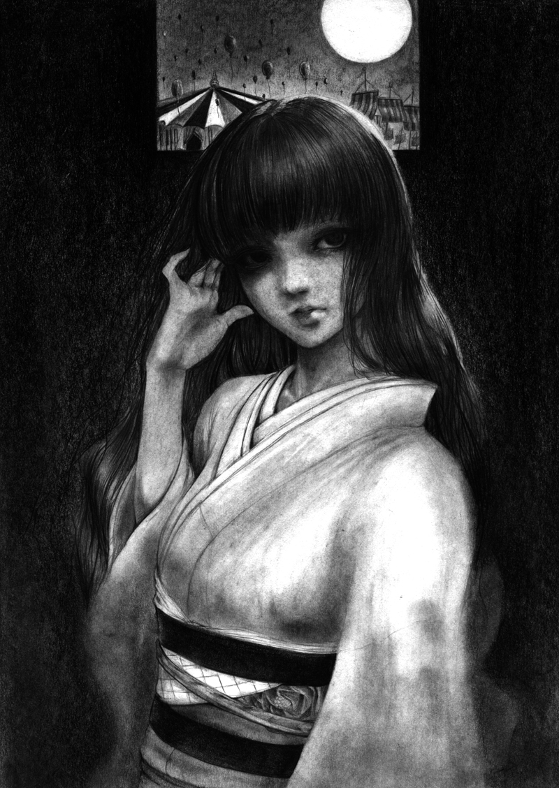 1girl balloon bangs blunt_bangs circus closed_mouth full_moon graphite_(medium) greyscale hand_up hane_(azelye) horror_(theme) japanese_clothes kimono long_hair long_sleeves looking_at_viewer monochrome moon original realistic shaded_face solo traditional_media upper_body wide_sleeves