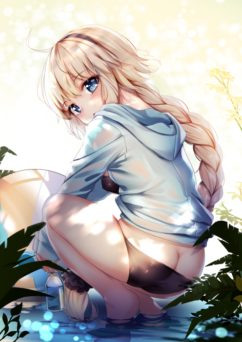 1girl ahoge ass ball bangs beachball bikini black_bikini black_hairband black_scrunchie blonde_hair blue_eyes blue_jacket blush bottle braid breasts butt_crack commentary_request covered_nipples dappled_sunlight day eyebrows_visible_through_hair fate/grand_order fate_(series) hair_between_eyes hair_ornament hair_scrunchie hairband head_tilt holding holding_bottle hood hood_down hooded_jacket jacket jeanne_d'arc_(fate)_(all) jeanne_d'arc_(swimsuit_archer) long_hair long_sleeves looking_at_viewer looking_back medium_breasts open_clothes open_jacket outdoors parted_lips plant revision scrunchie single_braid sleeves_past_wrists soaking_feet solo squatting sunlight swimsuit yan_(nicknikg)