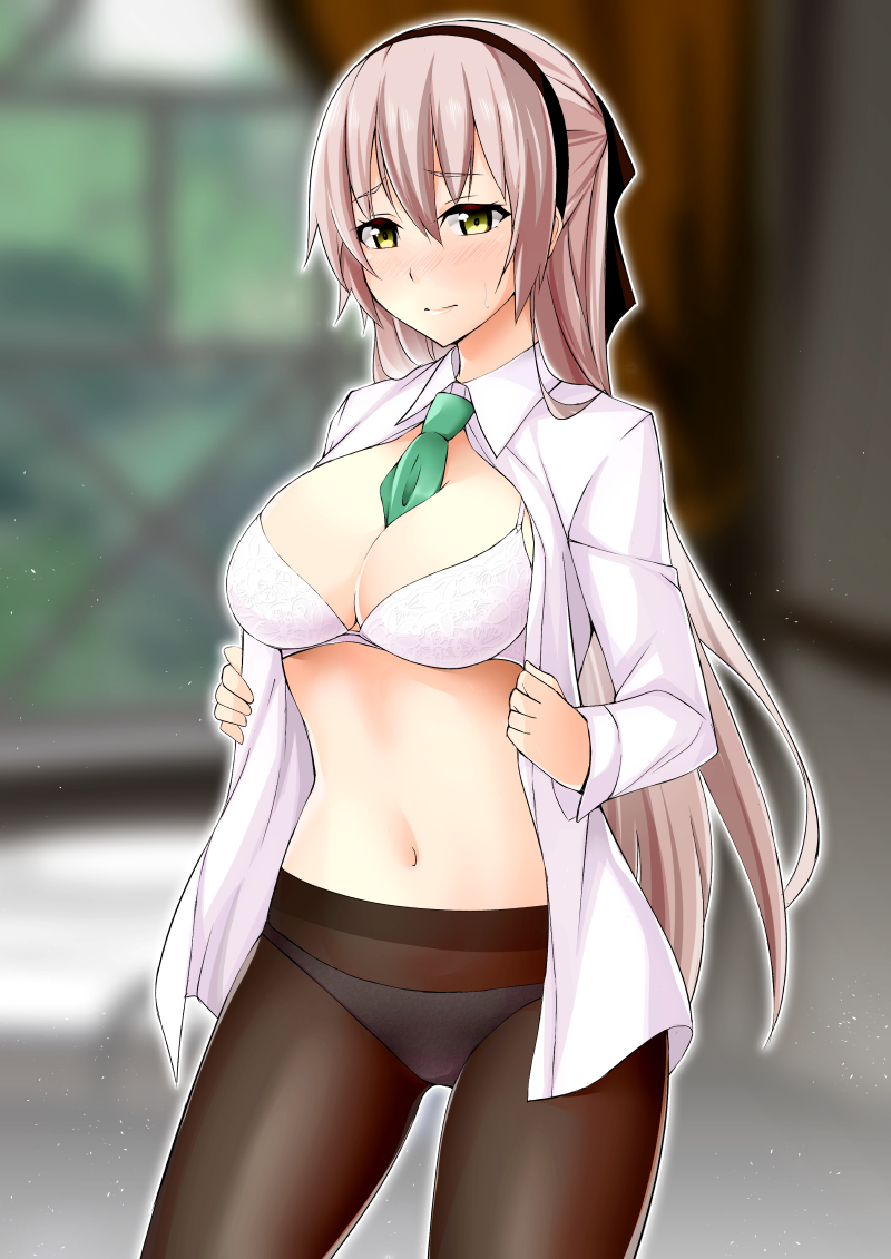 1girl ao_no_kiseki ascot between_breasts black_legwear blurry blurry_background blush bra breasts cleavage collared_shirt cowboy_shot eiyuu_densetsu elie_macdowell eyebrows_visible_through_hair hairband long_hair looking_at_viewer medium_breasts midriff mizuno_asami navel open_clothes open_shirt panties pantyhose partially_undressed shirt silver_hair solo standing sweatdrop underwear white_bra white_shirt yellow_eyes zero_no_kiseki