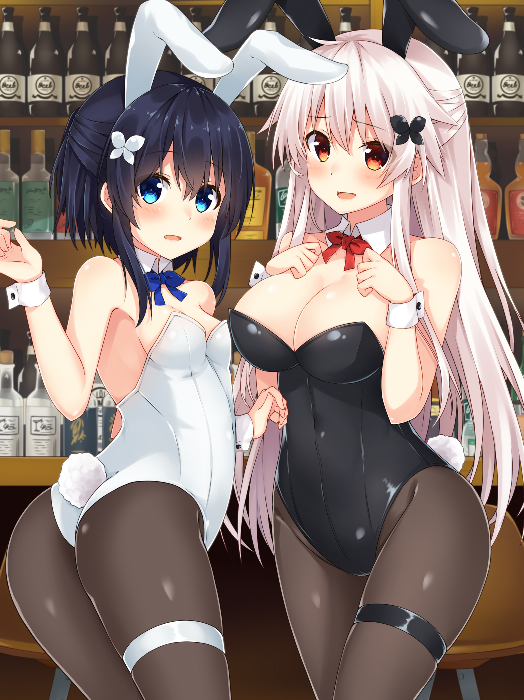 2girls :d alcohol animal_ears ass bangs bare_shoulders black_hair black_leotard blue_eyes blush bottle breasts brown_legwear bunny_girl bunny_tail bunnysuit butterfly_hair_ornament cleavage commentary_request etna_(kuzuyu) eyebrows_visible_through_hair hair_between_eyes hair_ornament hand_up hands_on_own_chest hands_up highres indoors komori_kuzuyu large_breasts leotard long_hair looking_at_viewer looking_back multiple_girls open_mouth original pantyhose rabbit_ears red_eyes rivier_(kuzuyu) silver_hair skindentation small_breasts smile tail thigh_strap twisted_torso very_long_hair white_leotard wrist_cuffs