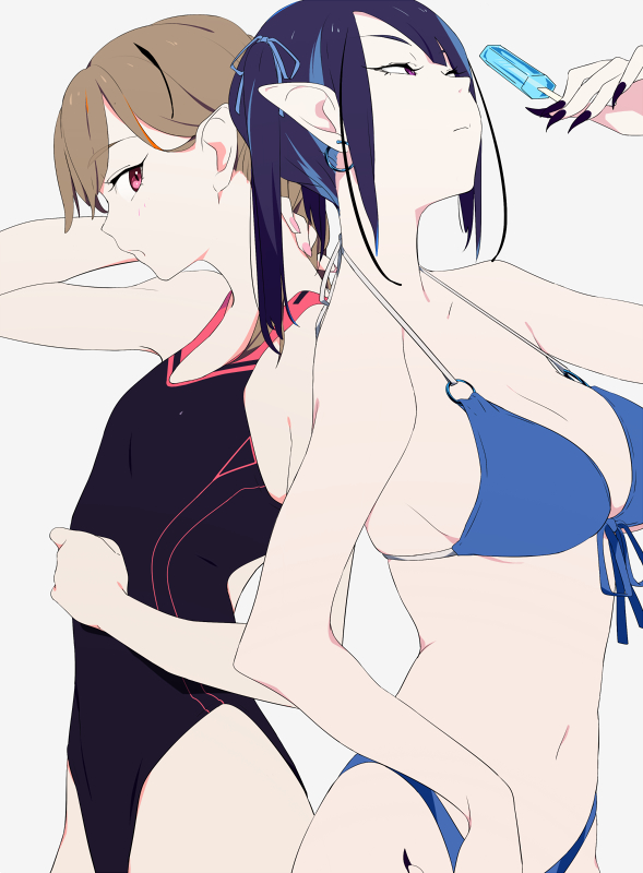 2girls back-to-back bangs bare_arms bare_shoulders bikini black_nails blue_bikini blue_hair breasts brown_hair casual_one-piece_swimsuit cleavage comiket_94 commentary_request demon_girl earrings fingernails flat_color food front-tie_bikini front-tie_top half-closed_eyes hand_on_own_neck high_contrast highleg highleg_bikini highleg_swimsuit holding hoop_earrings jewelry large_breasts long_fingernails long_hair multicolored_hair multiple_girls nail_polish navel o-ring o-ring_top one-piece_swimsuit original pale_skin pink_eyes pink_nails pointy_ears popsicle sharp_fingernails sideboob simple_background small_breasts sohin streaked_hair string_bikini swimsuit violet_eyes waist white_background