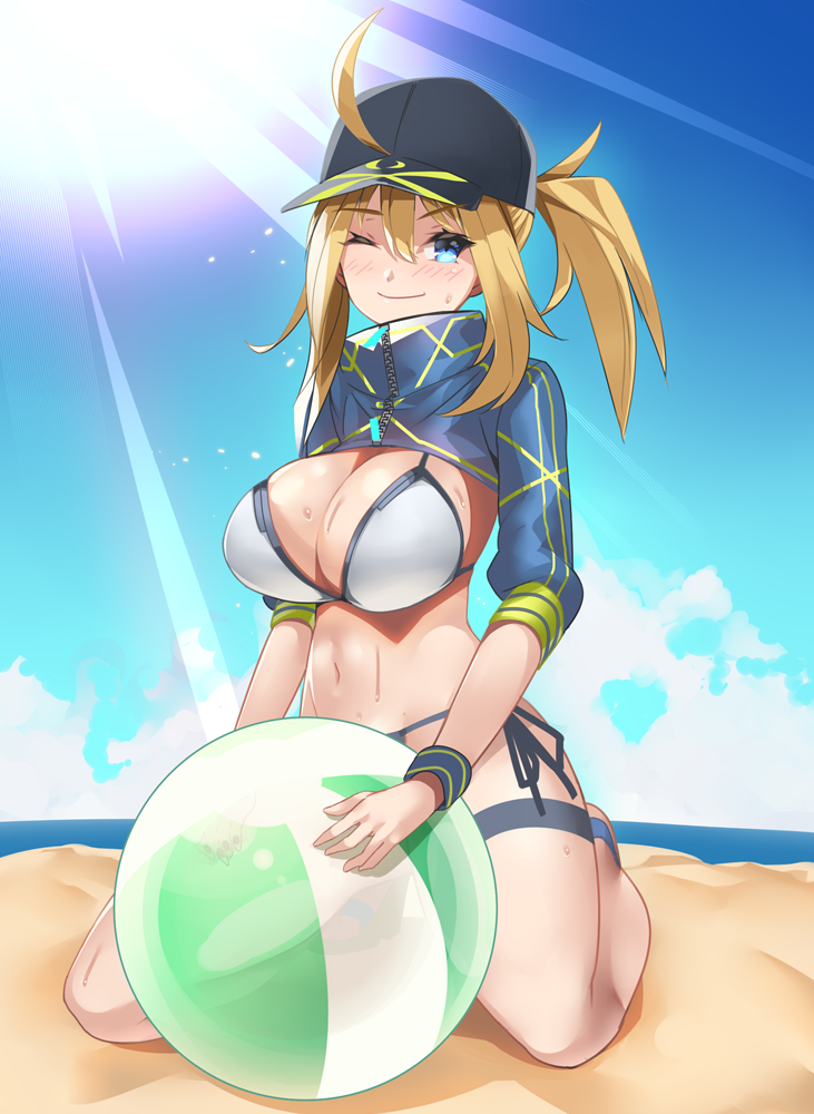 1girl artoria_pendragon_(all) asanuma ball beach beachball bikini black_hat blue_eyes blue_sky blush breasts cleavage closed_mouth clouds commentary_request day eyebrows_visible_through_hair fate/grand_order fate_(series) full_body hair_between_eyes hat large_breasts looking_at_viewer mysterious_heroine_xx_(foreigner) navel ocean outdoors ponytail shrug_(clothing) side-tie_bikini side-tie_bottom sitting sky smile solo sunlight swimsuit white_bikini