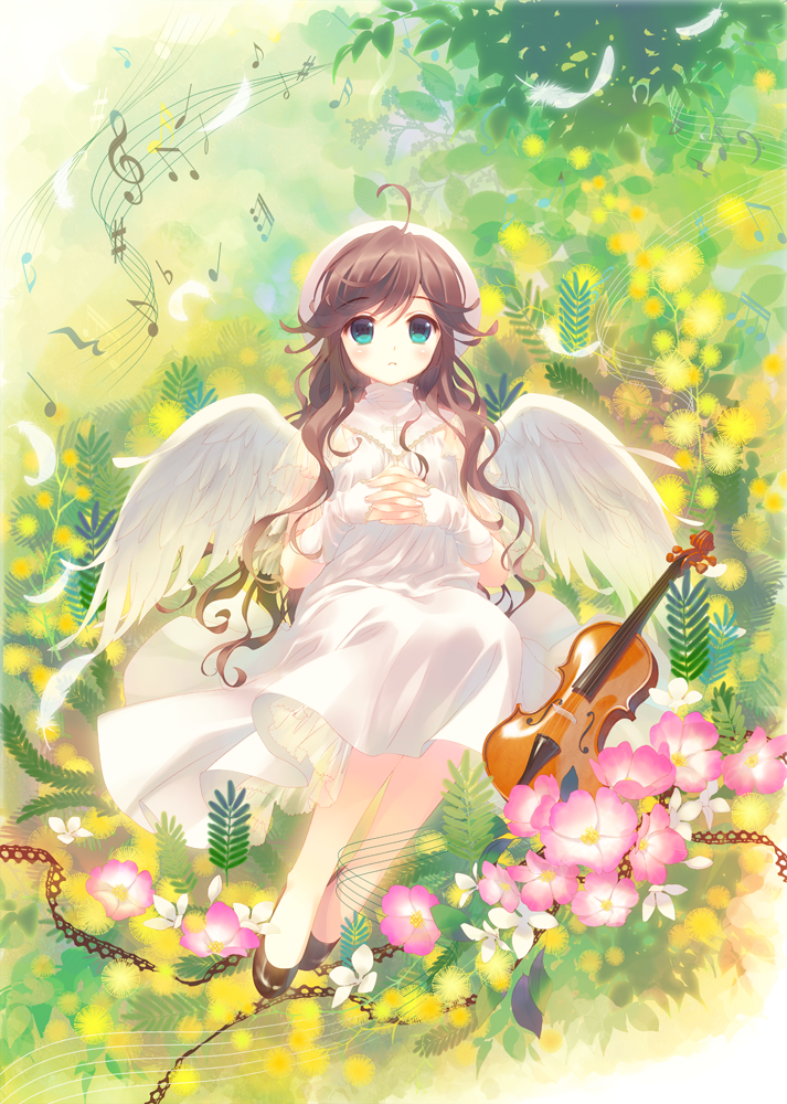 1girl ahoge angel blue_eyes blush brown_hair commentary_request dress eyebrows_visible_through_hair fingerless_gloves flower gloves grass instrument interlocked_fingers long_hair looking_at_viewer musical_note original own_hands_together parted_lips pink_flower santa_matsuri sitting solo violin white_dress white_flower white_gloves white_wings wings yellow_flower
