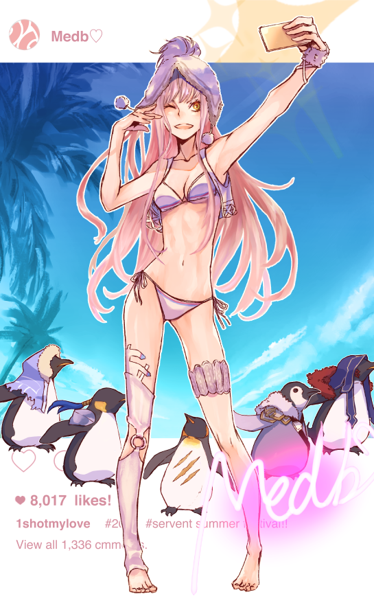 1girl ;d animalization barefoot bikini bird character_name cu_chulainn_(fate/grand_order) cu_chulainn_(fate/prototype) cu_chulainn_alter_(fate/grand_order) fate/grand_order fate_(series) fergus_mac_roich_(fate/grand_order) full_body hat hood ipad lancer long_hair medb_(fate)_(all) medb_(swimsuit_saber)_(fate) navel num_(zombie_headline) o-ring one_eye_closed open_mouth penguin pink_hair single_thighhigh smile standing swimsuit tablet_pc thigh-highs thighlet white_bikini white_hat white_legwear yellow_eyes