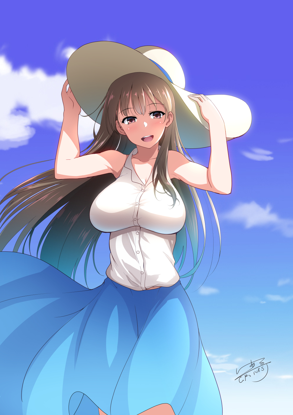 1girl :d adjusting_clothes adjusting_hat artist_name blue_skirt blue_sky breasts brown_eyes brown_hair c.r. clouds hands_up hat highres large_breasts long_hair looking_at_viewer onee-san_(penguin_highway) open_mouth penguin_highway shirt skirt sky smile solo standing sun_hat very_long_hair white_hair white_shirt