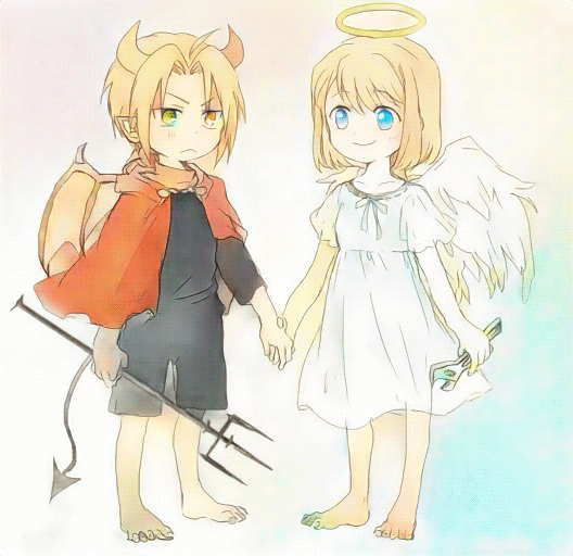 1boy 1girl angel_wings annoyed barefoot black_shirt blonde_hair blue_background blue_eyes cape demon_horns demon_tail demon_wings dress edward_elric eyebrows_visible_through_hair frown full_body fullmetal_alchemist gradient gradient_background halo hand_holding happy horns looking_away pink_background polearm puffy_short_sleeves puffy_sleeves red_cape shirt short_hair short_sleeves shorts simple_background smile standing tail toenails trident tsukuda0310 weapon white_background white_dress wings winry_rockbell wrench yellow_eyes younger