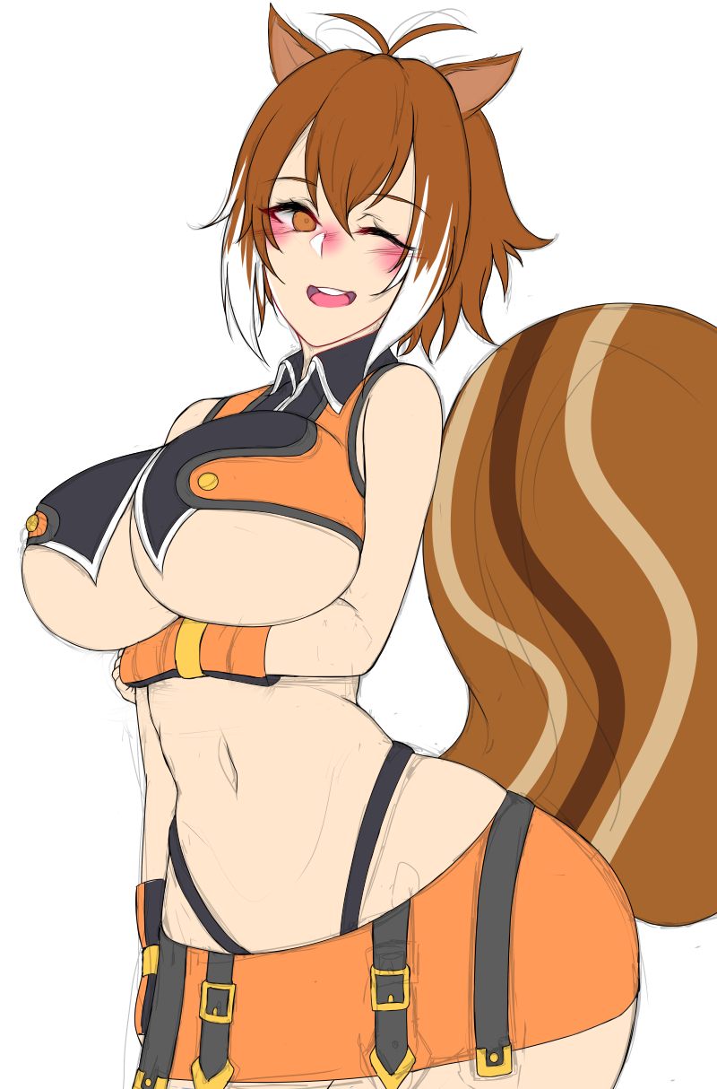 1girl animal_ears antenna_hair black_panties blazblue blush breast_hold breasts brown_hair cowboy_shot crop_top fingerless_gloves gloves highleg highleg_panties highres kuuki_(rakam) large_breasts makoto_nanaya miniskirt multicolored_hair one_eye_closed open_mouth orange_eyes orange_skirt panties short_hair sketch skirt smile solo squirrel_ears squirrel_tail tail two-tone_hair under_boob underwear white_background