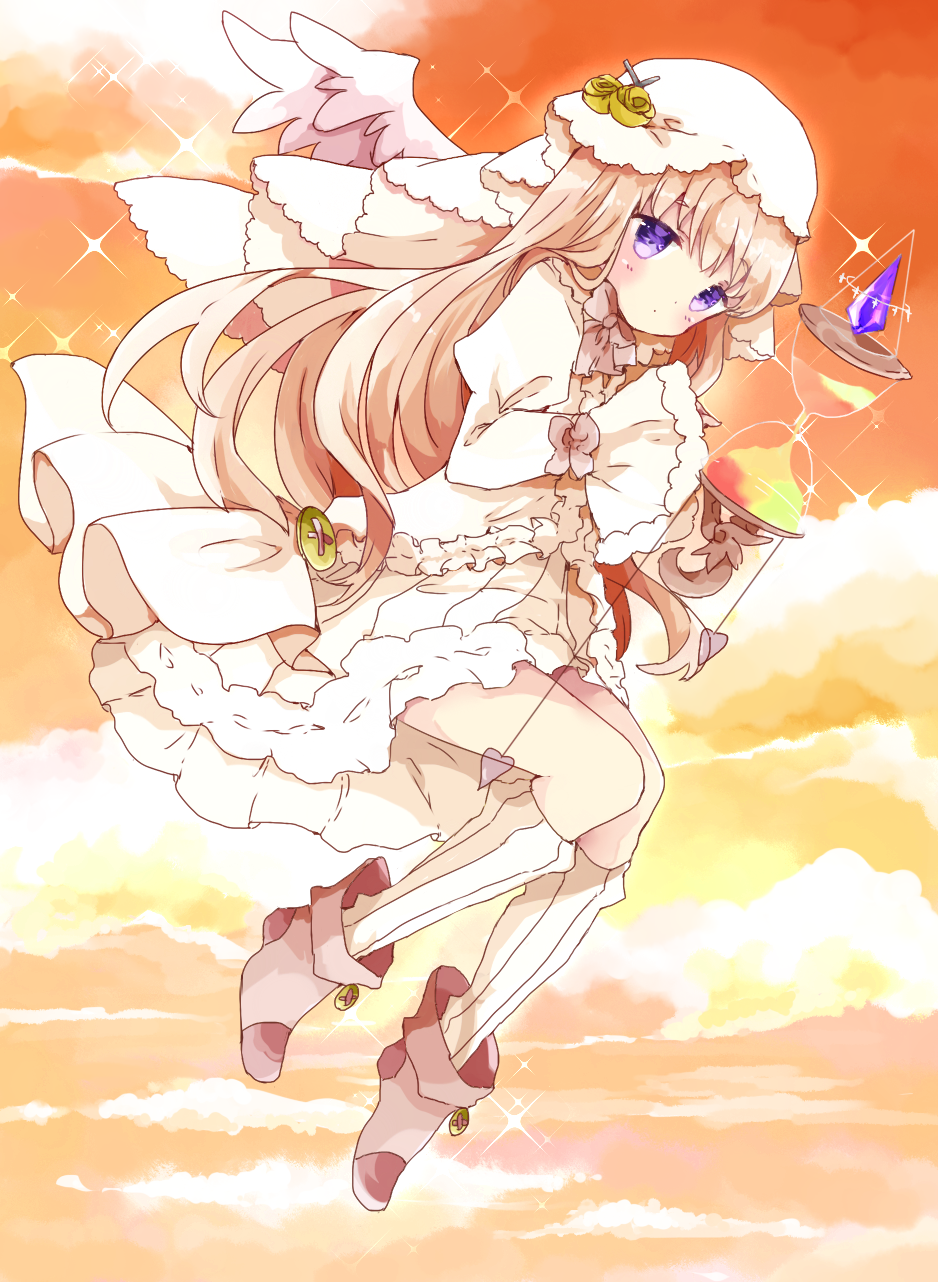 1girl bangs blush boots clouds cloudy_sky commentary_request crystal dress dutch_angle eyebrows_visible_through_hair feathered_wings highres hourglass juliet_sleeves kneehighs light_brown_hair long_hair long_sleeves looking_at_viewer looking_to_the_side midair original outdoors pink_footwear puffy_sleeves sky sleeves_past_wrists solo sparkle sunset tsukiyo_(skymint) veil very_long_hair violet_eyes white_dress white_legwear white_wings wide_sleeves wings