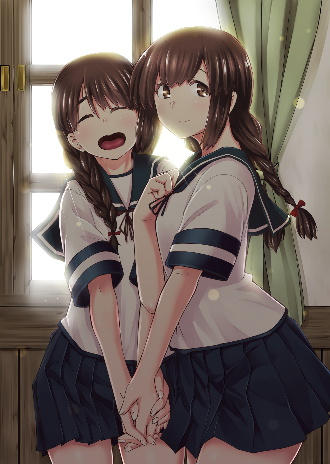 2girls blue_sailor_collar blue_skirt braid brown_eyes brown_hair closed_eyes cowboy_shot curtains door facing_viewer hair_between_eyes hair_over_shoulder hand_holding highres isonami_(kantai_collection) kantai_collection kawajuu long_hair looking_at_viewer low_twintails multiple_girls open_mouth pleated_skirt sailor_collar school_uniform serafuku sidelocks single_braid skirt smile twin_braids twintails uranami_(kantai_collection) window