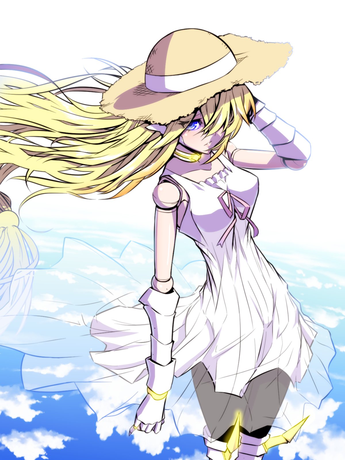 1girl bare_shoulders blonde_hair blue_eyes collar commentary_request copyright_request doll_joints dress gloves hair_over_one_eye hand_up hat highres jin_(mugenjin) long_hair looking_at_viewer one_eye_covered pointy_ears solo standing straw_hat sundress very_long_hair white_dress white_gloves wind