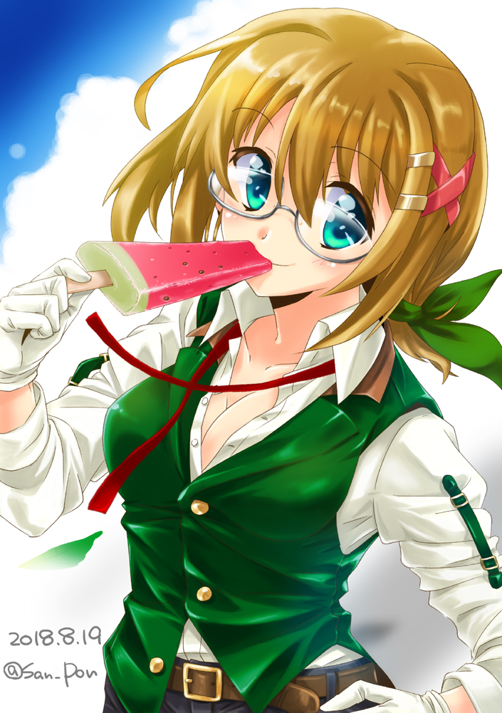 1girl alternate_eye_color alternate_hair_color bangs bespectacled blue_eyes breasts brown_belt brown_hair cleavage closed_mouth clouds cloudy_sky commentary dated dress_shirt eating eyebrows_visible_through_hair food glasses gloves green_ribbon green_vest hair_ornament hair_ribbon hairclip hand_on_hip holding holding_food long_hair looking_at_viewer lyrical_nanoha mahou_shoujo_lyrical_nanoha_vivid medium_skirt neck_ribbon outdoors popsicle red_neckwear ribbon san-pon semi-rimless_eyewear shirt short_hair silver-framed_eyewear sky smile solo standing twitter_username unbuttoned unbuttoned_shirt under-rim_eyewear untied upper_body vest watermelon_bar white_gloves white_shirt x_hair_ornament yagami_hayate