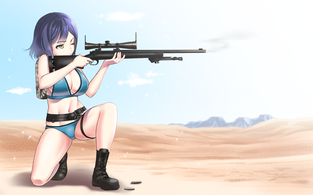 1girl aiming backpack bag bangs bare_legs bare_shoulders bikini black_footwear blue_bikini blue_sky boots breasts cleavage closed_mouth clouds commentary_request cross-laced_footwear day desert eyebrows_visible_through_hair gun holding holding_gun holding_weapon lace-up_boots large_breasts mountain navel nijisanji one_eye_closed one_knee outdoors playerunknown's_battlegrounds purple_hair rifle scope shell_casing shirihime shizuka_rin short_hair sky sniper_rifle solo swimsuit virtual_youtuber weapon weapon_request yellow_eyes