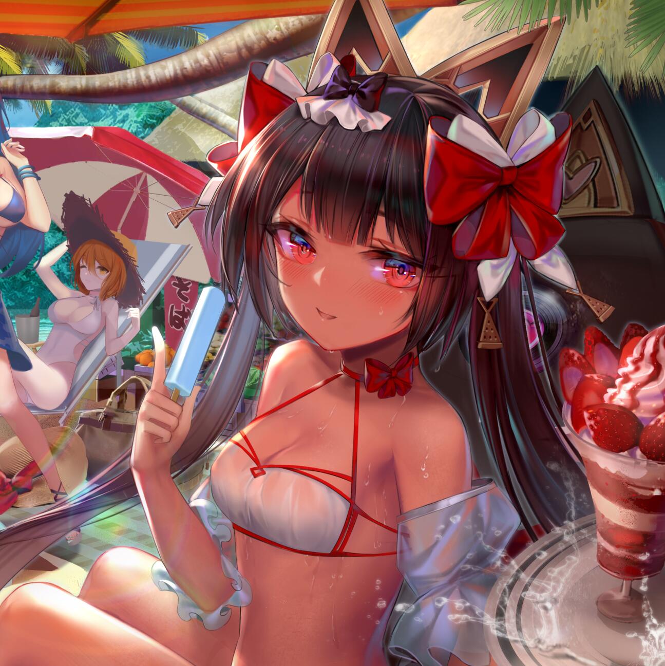 3girls alisa_(iron_saga) alternate_costume bag bangle bangs beach_umbrella bell bikini black_hair blonde_hair blue_bikini blue_hair blunt_bangs blush bow bracelet breasts choker cleavage cup day food fruit hair_bow hair_ornament hair_ribbon hand_up hat hat_removed headgear headwear_removed highres holding holding_food ice_cream iron_saga jewelry large_breasts long_hair medium_breasts multiple_girls mutsuki_(jidong_zhandui) one-piece_swimsuit one_eye_closed open_mouth orange_hair palm_tree popsicle red_eyes red_ribbon ribbon sandals sarong shade sitting small_breasts smile straw_hat sundae swimsuit takahashi_natsumi_(iron_saga) thighs tray tree twintails umbrella wet white_swimsuit zjsstc