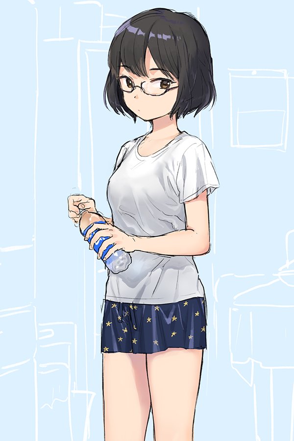 1girl black_hair blue_skirt bottle casual glasses holding holding_bottle looking_at_viewer original print_skirt sekiya_asami shirt short_hair skirt solo star star_print t-shirt water_bottle white_shirt