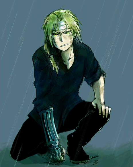 1boy automail bandage bandaged_head bandages black_pants black_shirt blonde_hair boots clenched_hand dirty dirty_face edward_elric fingernails frown full_body fullmetal_alchemist grey_background kneeling long_hair long_sleeves male_focus pants ponytail rain serious shaded_face shirt simple_background sleeves_rolled_up tsukuda0310 yellow_eyes