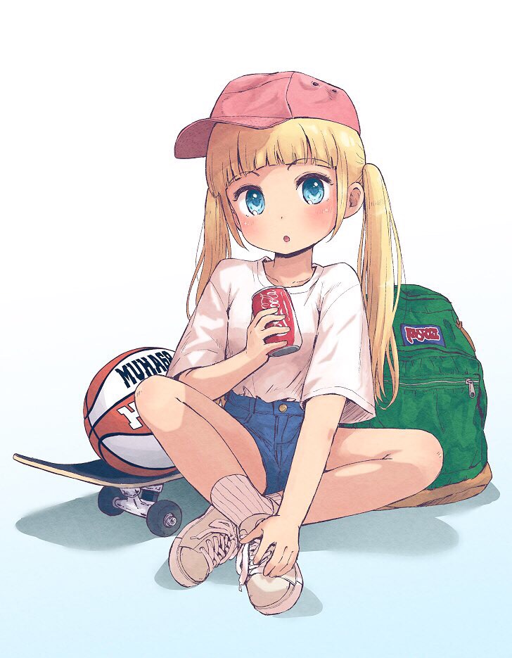 1girl :o bag bangs baseball_cap basketball blonde_hair blue_eyes blunt_bangs blush can casual coca-cola denim denim_shorts fashion full_body haaam hat looking_at_viewer open_mouth original pink_hat shirt shoelaces shoes shorts simple_background sitting skateboard socks solo twintails white_background white_shirt
