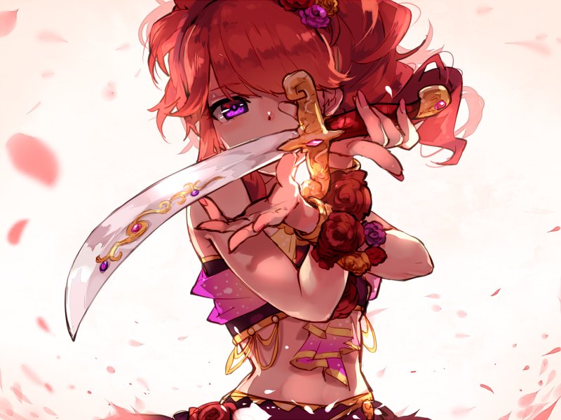 1girl aikatsu! aikatsu!_(series) bandeau bangs bare_shoulders eyebrows_visible_through_hair flower hair_flower hair_ornament hair_over_one_eye hamada_(super_tachioyogi_kyousou) harem_outfit holding holding_sword holding_weapon idol kurebayashi_juri long_hair looking_at_viewer midriff nail_polish navel petals ponytail redhead scimitar solo sword upper_body violet_eyes weapon wrist_cuffs