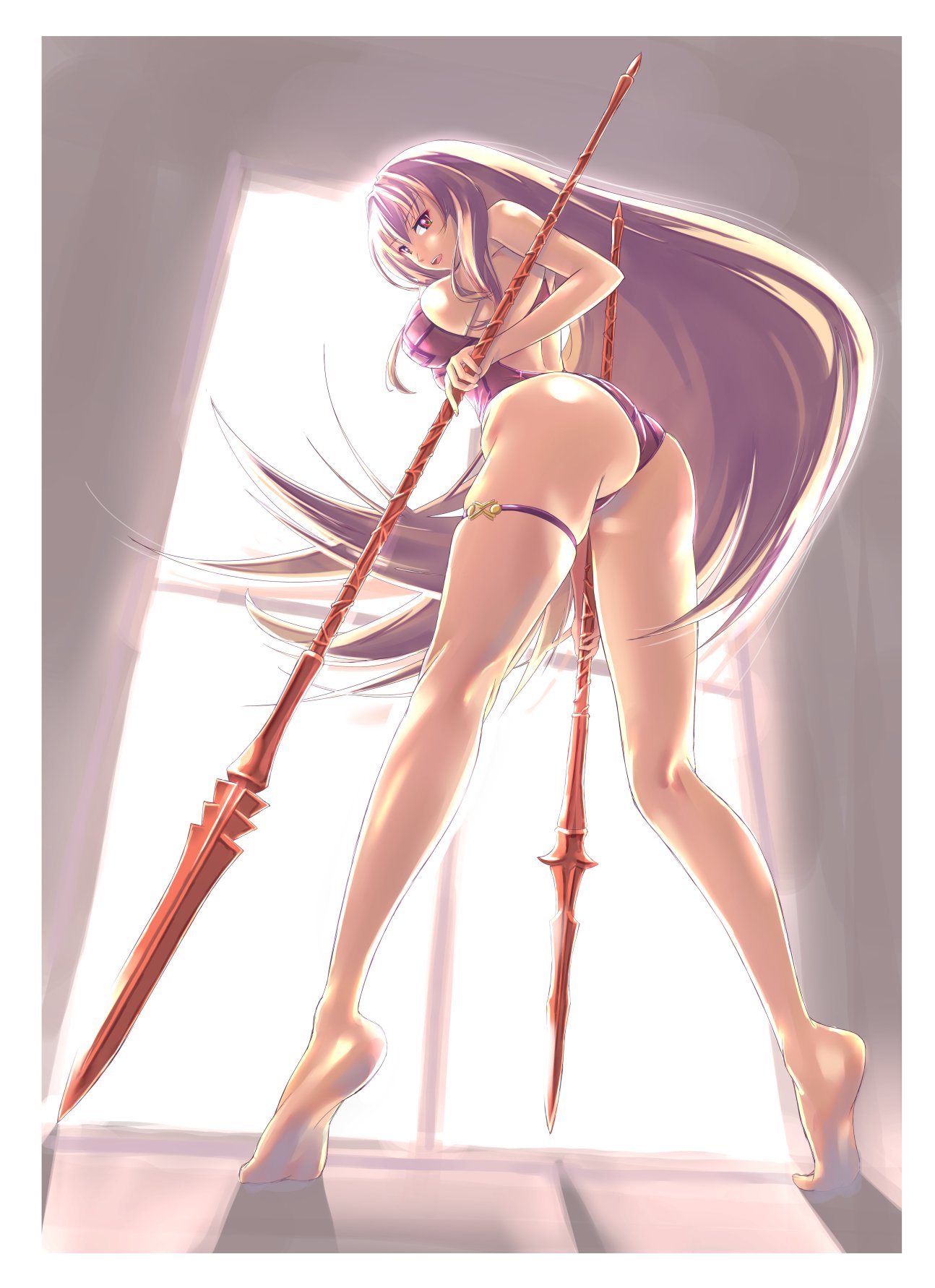 1girl ass backlighting bangs barefoot black_swimsuit breasts brown_eyes brown_hair copyright_request fate/grand_order fate_(series) full_body highres holding holding_weapon kneepits large_breasts leaning_forward legs long_hair looking_at_viewer looking_back nenchi one-piece_swimsuit open_mouth polearm scathach_(fate)_(all) scathach_(fate/grand_order) scathach_(swimsuit_assassin)_(fate) solo spear standing swimsuit thigh_strap tiptoes very_long_hair weapon