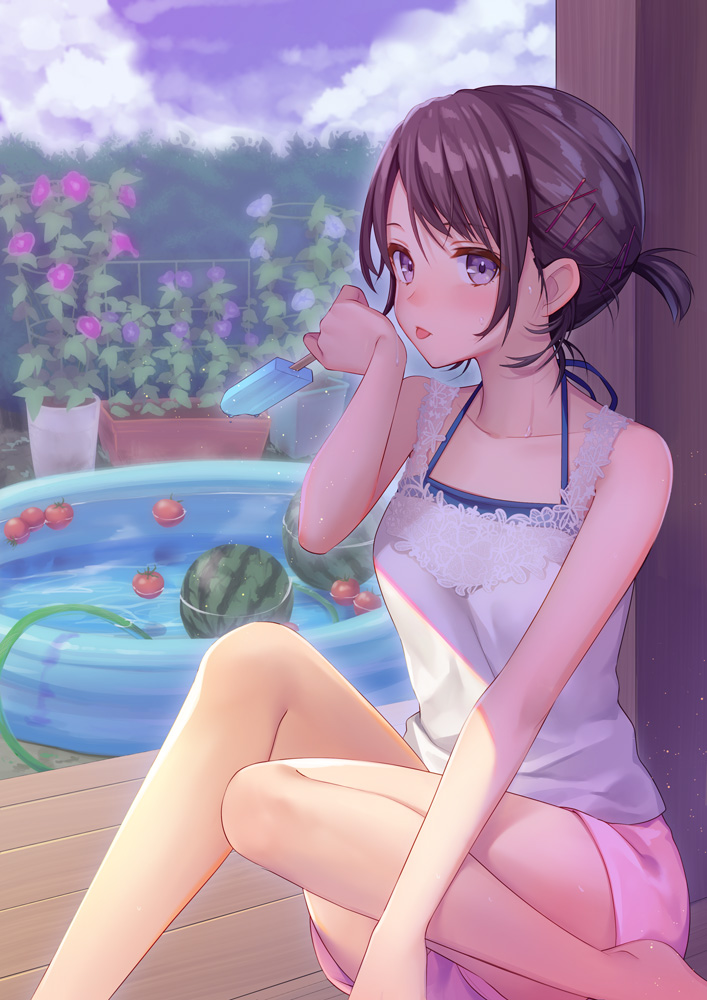1girl bangs bare_arms bare_legs bare_shoulders blue_swimsuit blush breasts clouds cloudy_sky flower food fruit hair_between_eyes hair_ornament hairclip holding holding_food ice_cream looking_to_the_side ne-on original parted_bangs plant pool potted_plant shirt short_hair short_shorts shorts sitting sky solo sunlight sweat sweatdrop swimsuit tomato tongue tongue_out water watermelon white_shirt x_hair_ornament