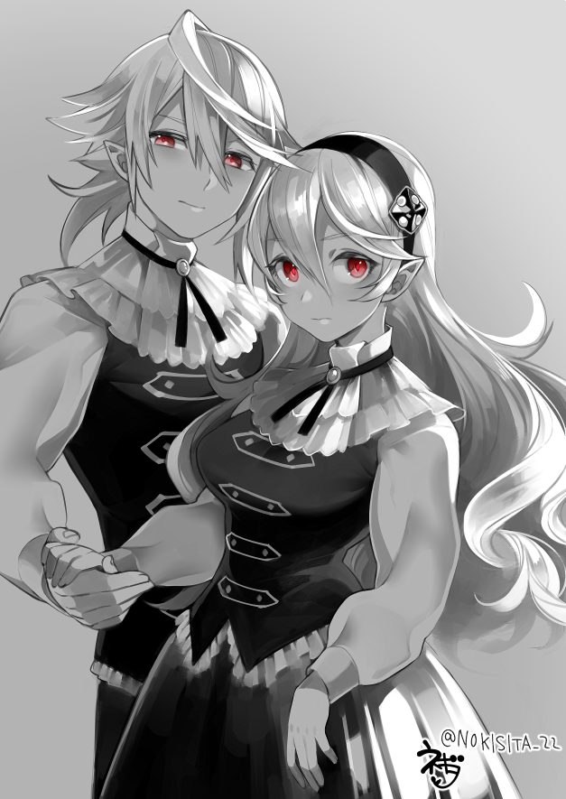 1boy 1girl alternate_costume closed_mouth dress female_my_unit_(fire_emblem_if) fire_emblem fire_emblem_if formal grey_background greyscale hair_ornament hairband hand_holding long_hair long_sleeves male_my_unit_(fire_emblem_if) monochrome my_unit_(fire_emblem_if) negiwo pointy_ears red_eyes short_hair simple_background spot_color twitter_username