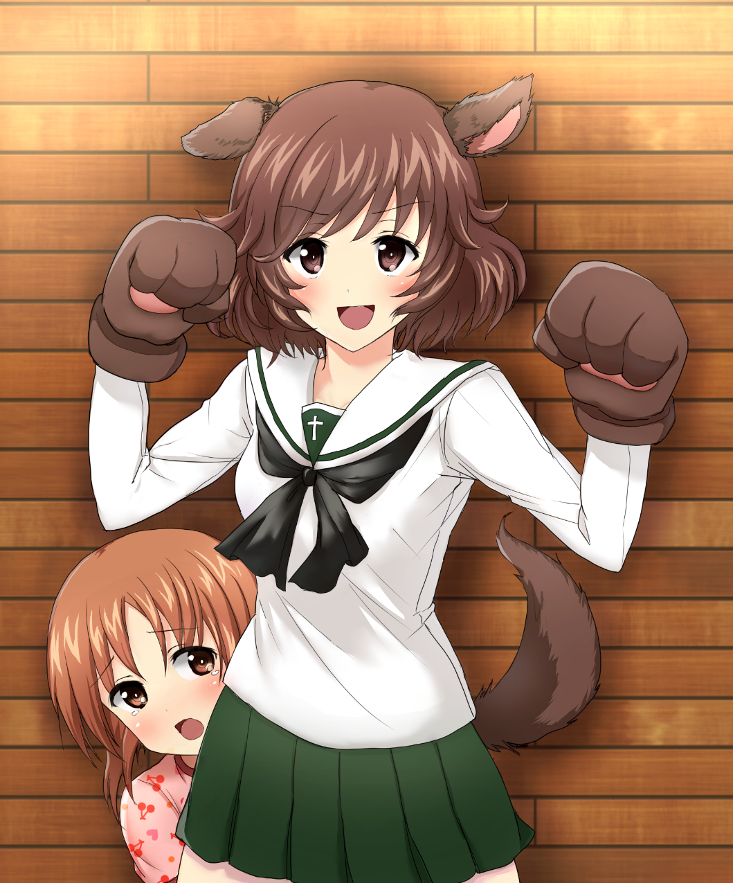 1girl :d akiyama_yukari animal_ears bangs black_neckwear blouse brown_eyes brown_hair commentary_request cowboy_shot cowering dog_ears dog_tail eyebrows_visible_through_hair frown girls_und_panzer gloves green_skirt hiding highres indoors long_sleeves looking_at_viewer messy_hair miniskirt neckerchief nishizumi_miho ooarai_school_uniform open_mouth partial_commentary paw_gloves paws pink_shirt pleated_skirt school_uniform serafuku shio_raichi shirt short_hair skirt smile solo squatting standing tail tearing_up w_arms white_blouse wooden_wall