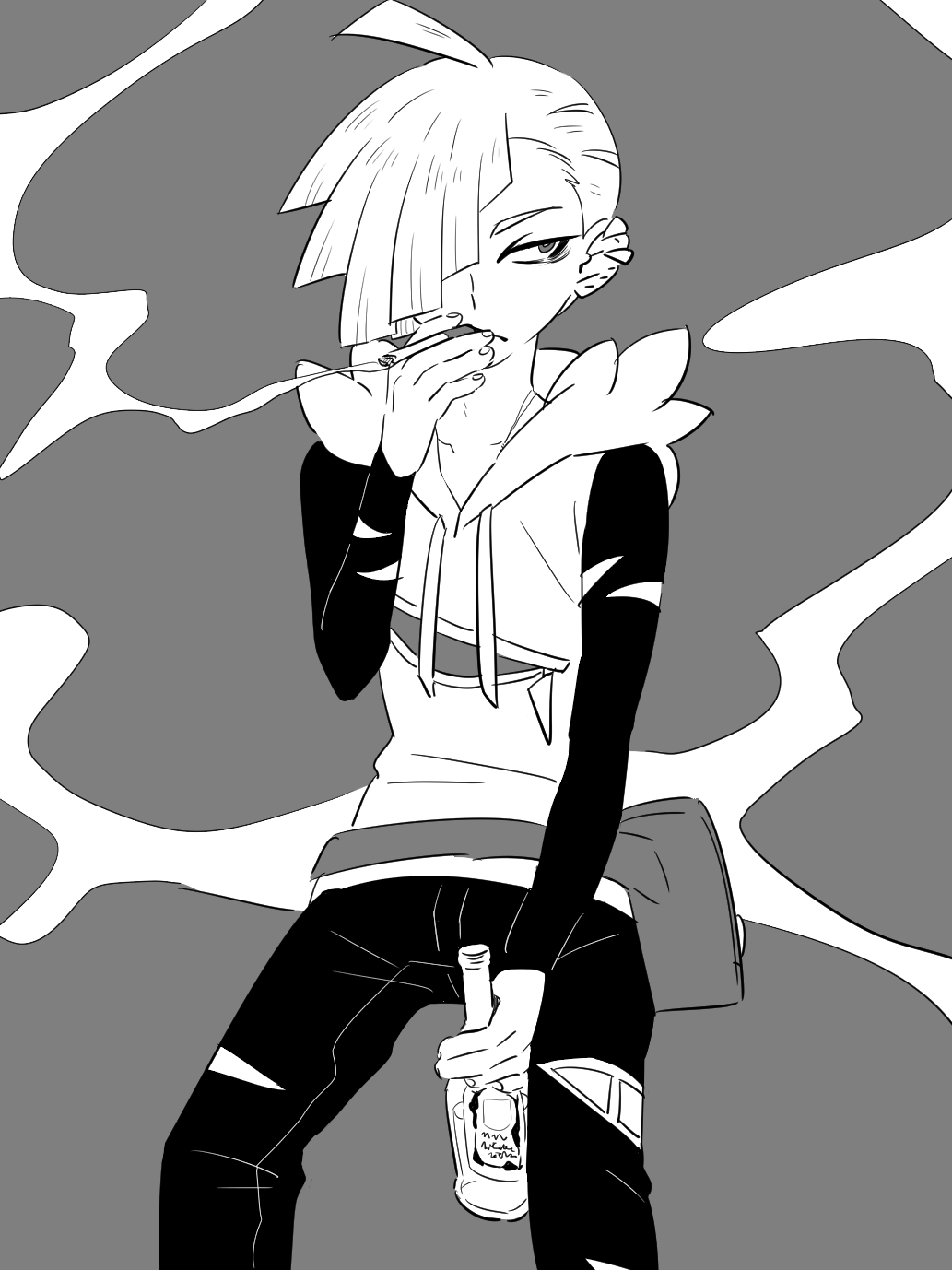 1boy alcohol amagaeru_(amapippi052525) blonde_hair bottle cigarette creatures_(company) ear_piercing game_freak gladio_(pokemon) hair_over_one_eye highres hood hoodie nintendo piercing pokemon pokemon_(game) pokemon_sm short_hair smoke smoking solo torn_clothes