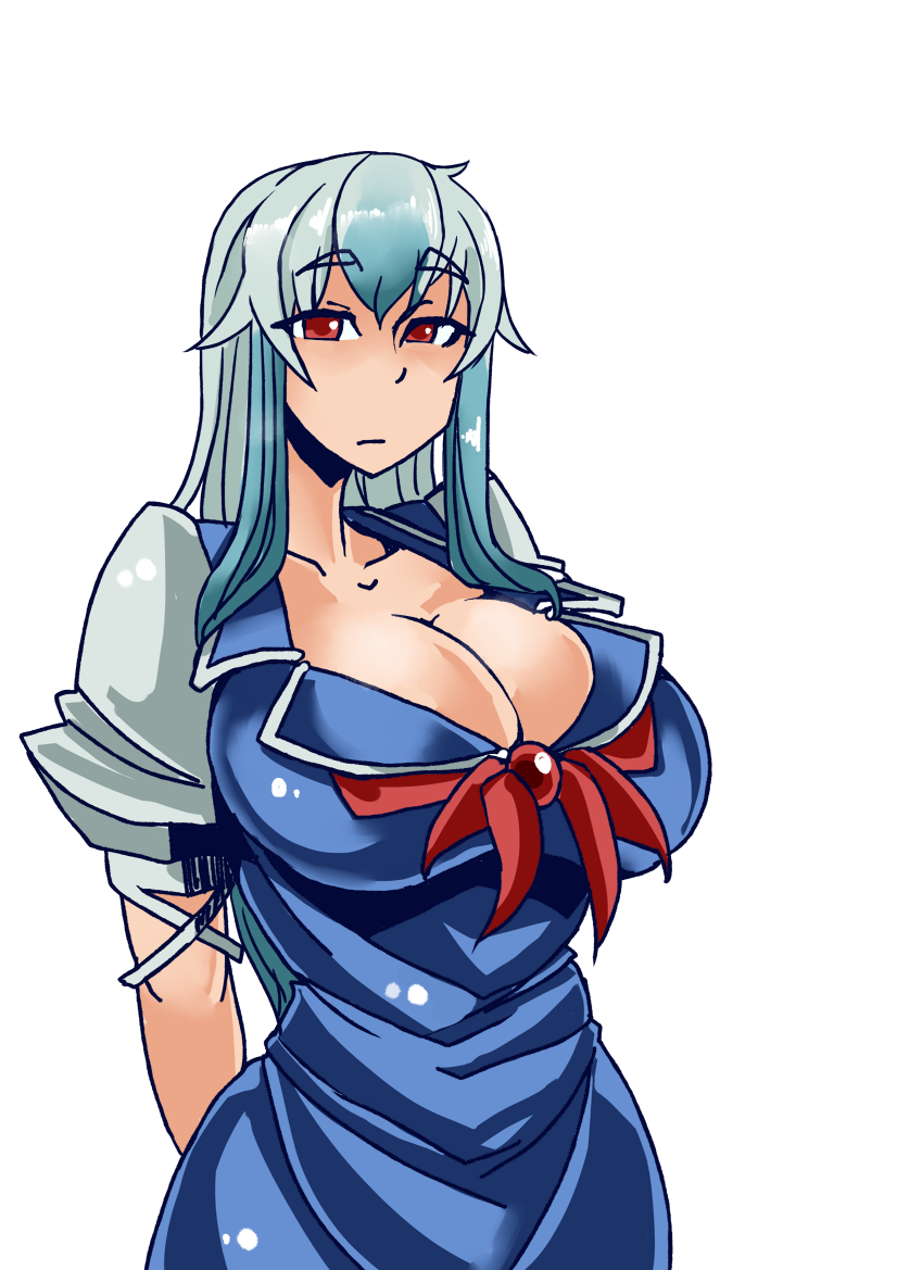 1girl arms_behind_back bangs blue_hair breasts cleavage collarbone cowboy_shot curvy expressionless eyebrows_visible_through_hair heiseikorotaisei huge_breasts kamishirasawa_keine long_hair looking_at_viewer puffy_short_sleeves puffy_sleeves red_eyes ribbon short_sleeves simple_background standing touhou white_background wide_hips