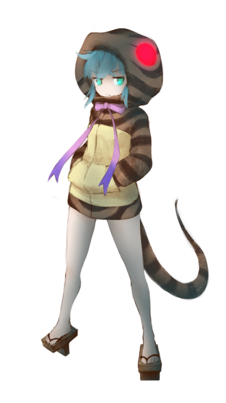 1girl :&lt; aqua_hair eyebrows_visible_through_hair frown full_body geta green_eyes hands_in_pockets hood hood_up ise_(0425) kemono_friends legs_apart looking_at_viewer neck_ribbon ribbon simple_background snake_tail solo standing striped_hoodie tail tengu-geta tsuchinoko_(kemono_friends) v-shaped_eyebrows white_background